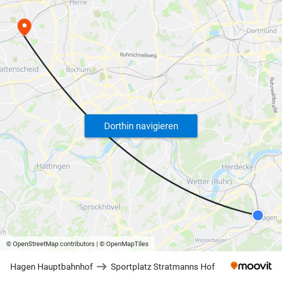 Hagen Hauptbahnhof to Sportplatz Stratmanns Hof map