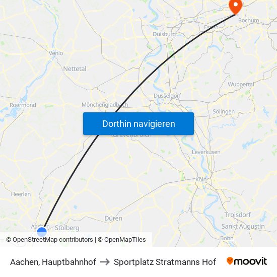 Aachen, Hauptbahnhof to Sportplatz Stratmanns Hof map