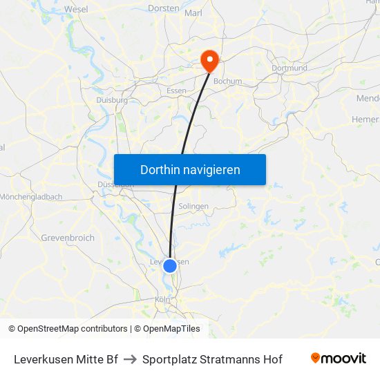 Leverkusen Mitte Bf to Sportplatz Stratmanns Hof map