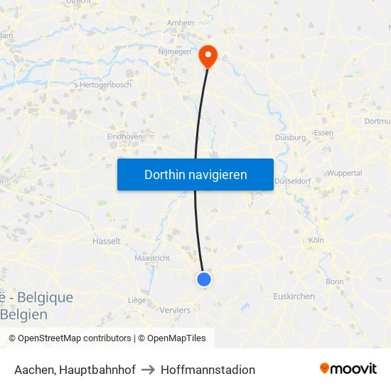 Aachen, Hauptbahnhof to Hoffmannstadion map