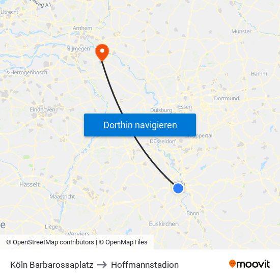 Köln Barbarossaplatz to Hoffmannstadion map
