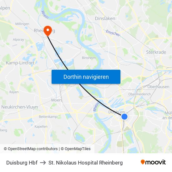 Duisburg Hbf to St. Nikolaus Hospital Rheinberg map