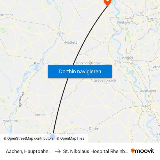 Aachen, Hauptbahnhof to St. Nikolaus Hospital Rheinberg map