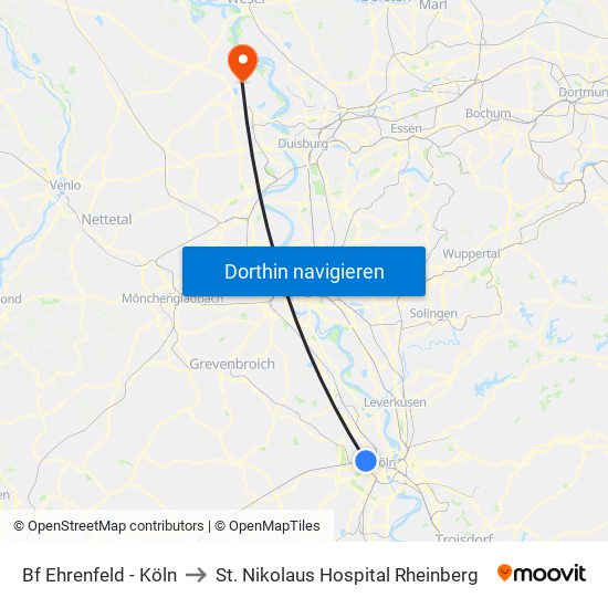 Bf Ehrenfeld - Köln to St. Nikolaus Hospital Rheinberg map