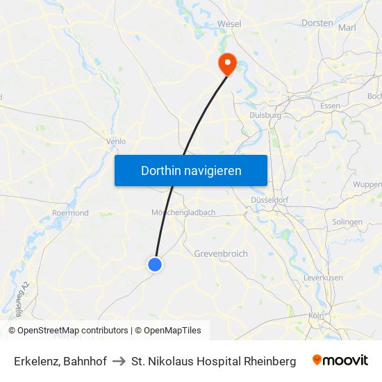 Erkelenz, Bahnhof to St. Nikolaus Hospital Rheinberg map