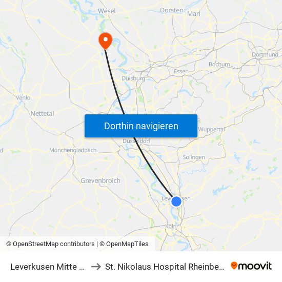 Leverkusen Mitte Bf to St. Nikolaus Hospital Rheinberg map