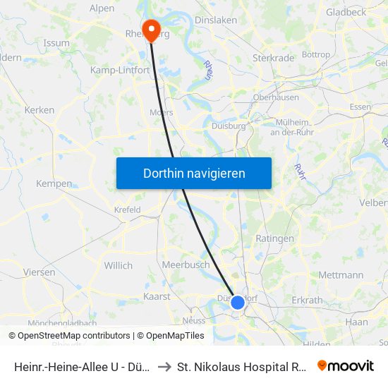 Heinr.-Heine-Allee U - Düsseldorf to St. Nikolaus Hospital Rheinberg map