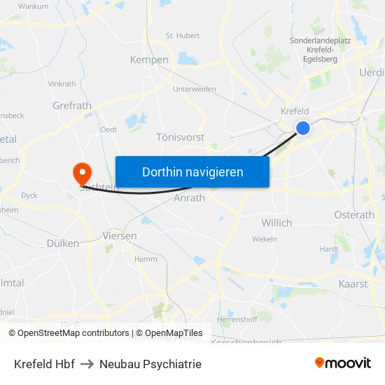 Krefeld Hbf to Neubau Psychiatrie map