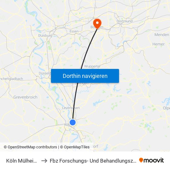 Köln Mülheim Wiener Platz to Fbz Forschungs- Und Behandlungszentrum Für Psychische Gesundheit map