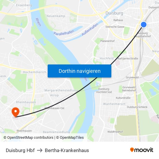 Duisburg Hbf to Bertha-Krankenhaus map