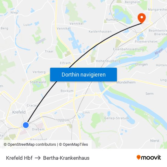 Krefeld Hbf to Bertha-Krankenhaus map