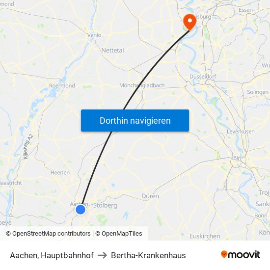 Aachen, Hauptbahnhof to Bertha-Krankenhaus map