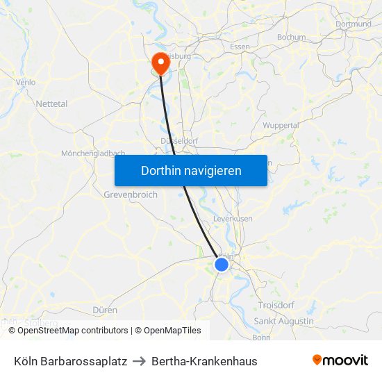 Köln Barbarossaplatz to Bertha-Krankenhaus map