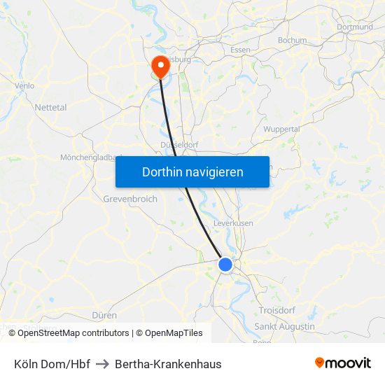 Köln Dom/Hbf to Bertha-Krankenhaus map