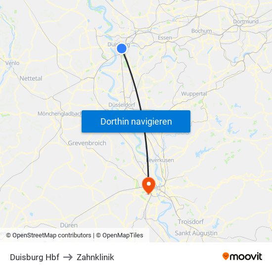 Duisburg Hbf to Zahnklinik map