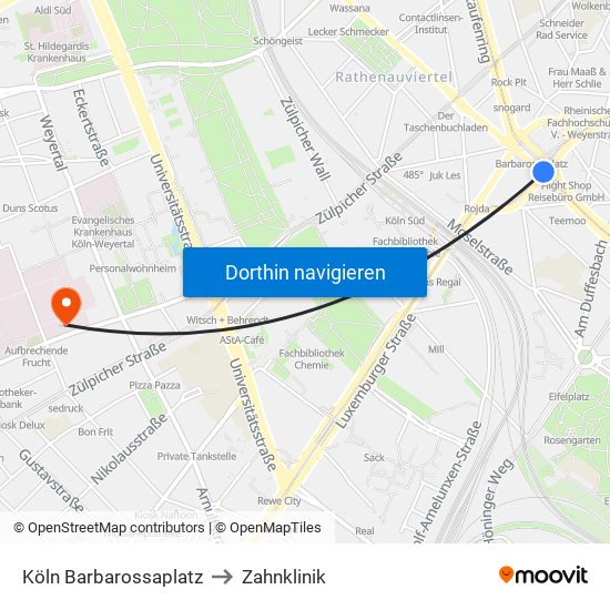 Köln Barbarossaplatz to Zahnklinik map