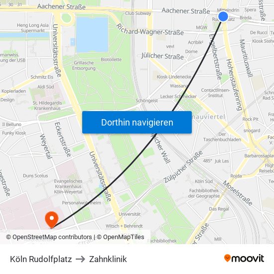 Köln Rudolfplatz to Zahnklinik map