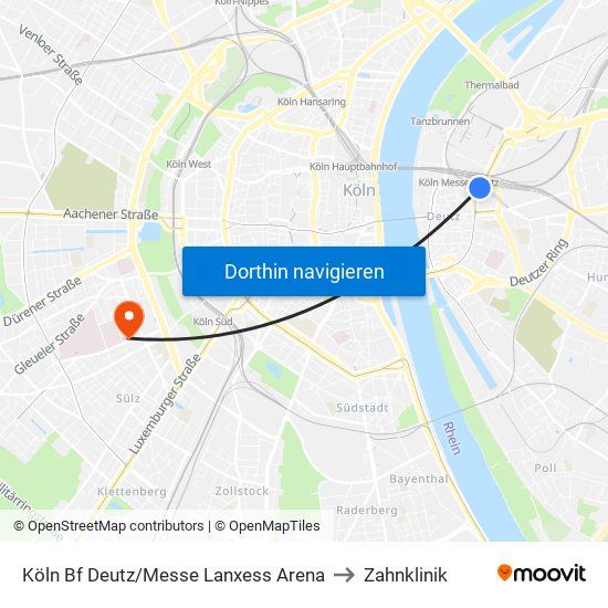 Köln Bf Deutz/Messe Lanxess Arena to Zahnklinik map