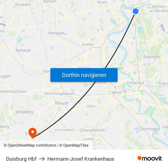 Duisburg Hbf to Hermann-Josef Krankenhaus map