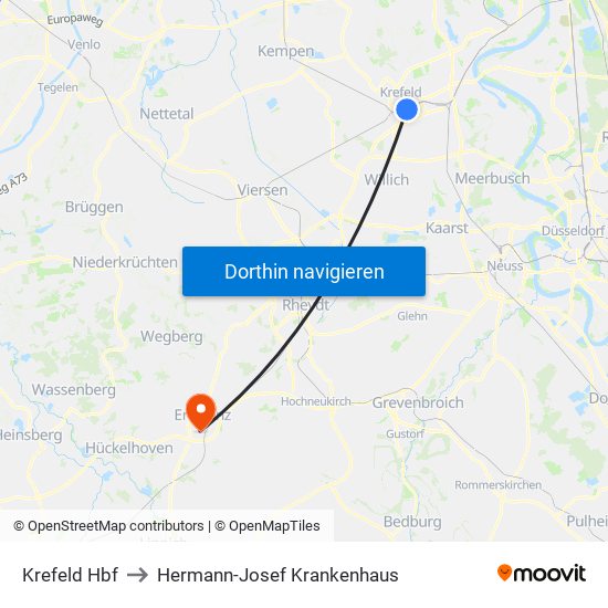 Krefeld Hbf to Hermann-Josef Krankenhaus map