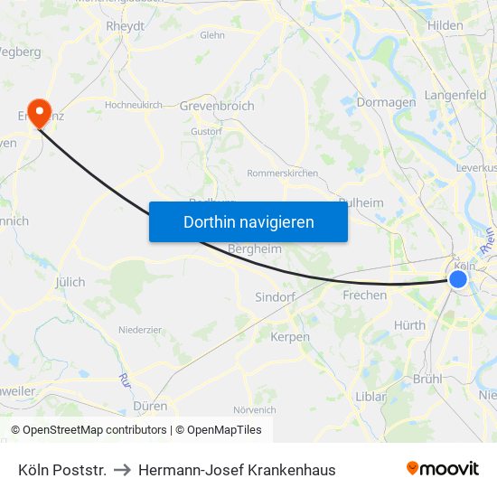 Köln Poststr. to Hermann-Josef Krankenhaus map