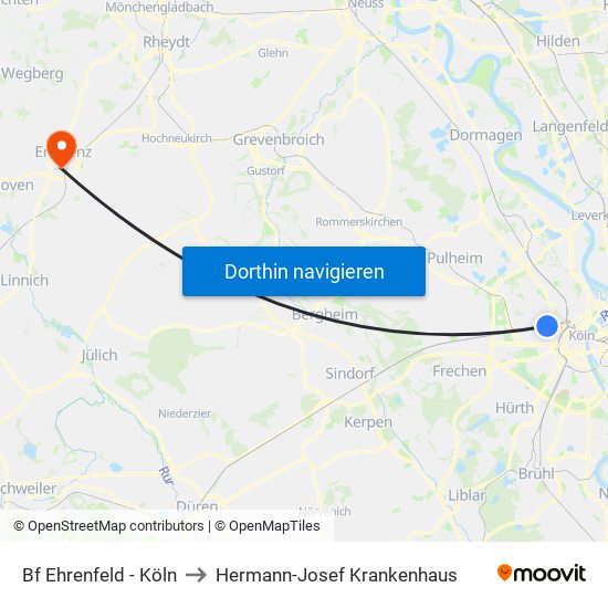 Bf Ehrenfeld - Köln to Hermann-Josef Krankenhaus map