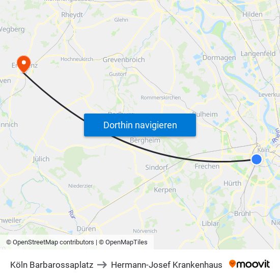 Köln Barbarossaplatz to Hermann-Josef Krankenhaus map