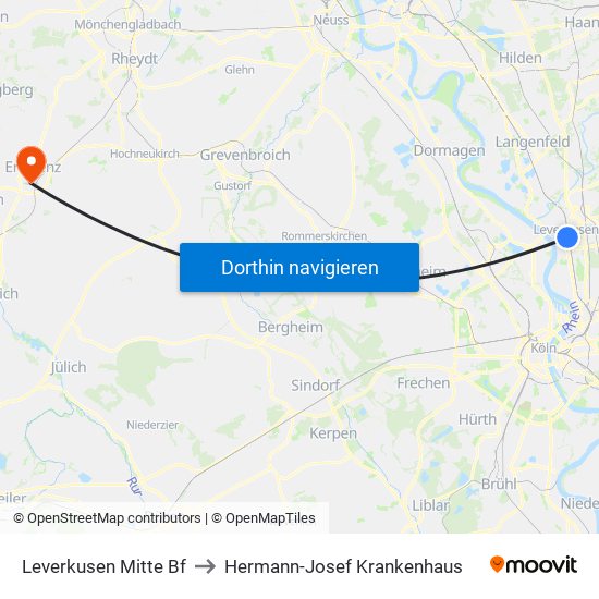 Leverkusen Mitte Bf to Hermann-Josef Krankenhaus map