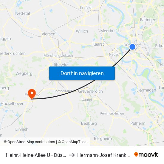 Heinr.-Heine-Allee U - Düsseldorf to Hermann-Josef Krankenhaus map