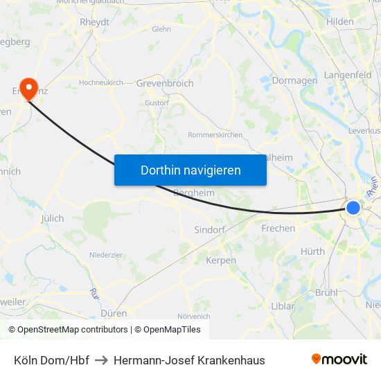 Köln Dom/Hbf to Hermann-Josef Krankenhaus map