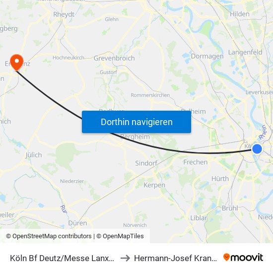 Köln Bf Deutz/Messe Lanxess Arena to Hermann-Josef Krankenhaus map