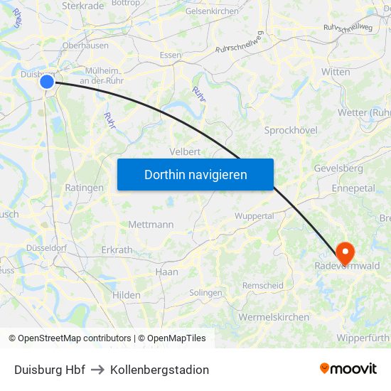 Duisburg Hbf to Kollenbergstadion map