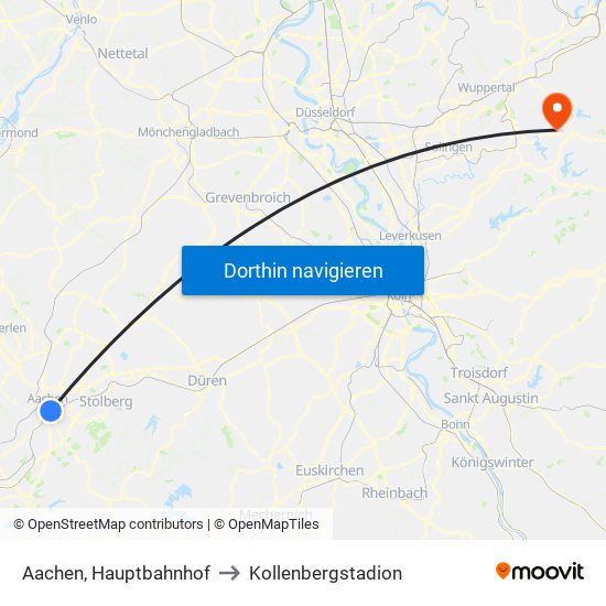 Aachen, Hauptbahnhof to Kollenbergstadion map