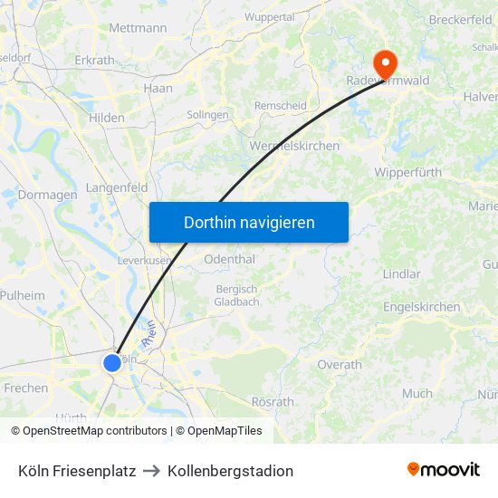 Köln Friesenplatz to Kollenbergstadion map