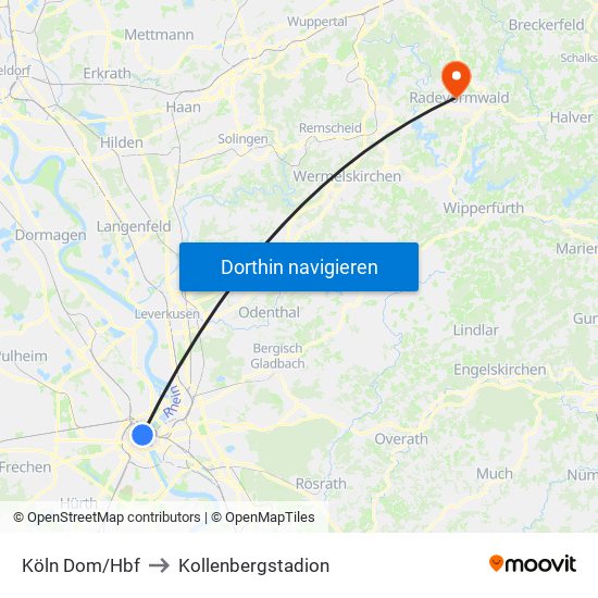 Köln Dom/Hbf to Kollenbergstadion map