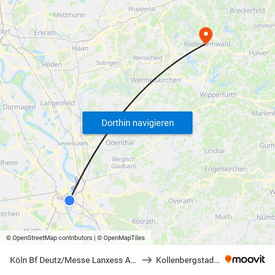 Köln Bf Deutz/Messe Lanxess Arena to Kollenbergstadion map