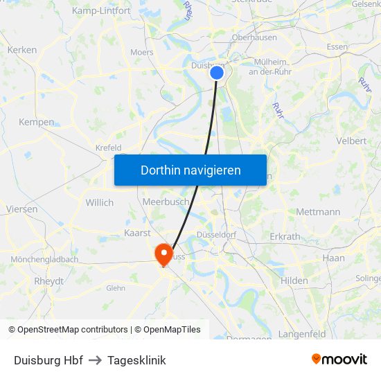Duisburg Hbf to Tagesklinik map