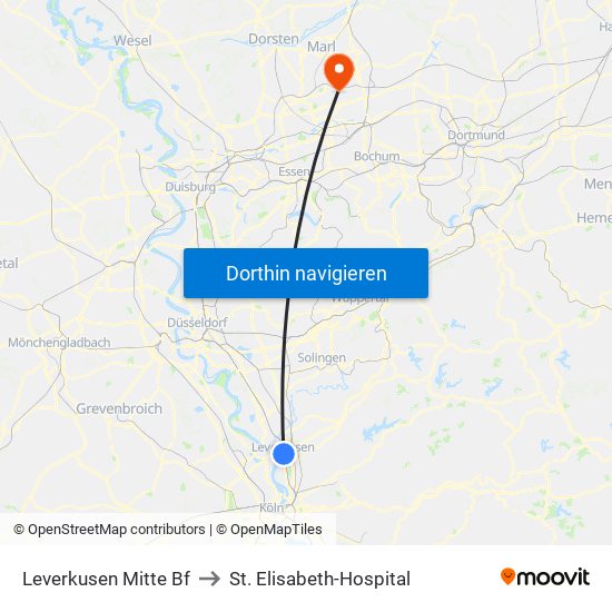 Leverkusen Mitte Bf to St. Elisabeth-Hospital map