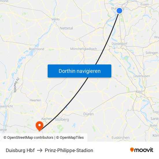 Duisburg Hbf to Prinz-Philippe-Stadion map