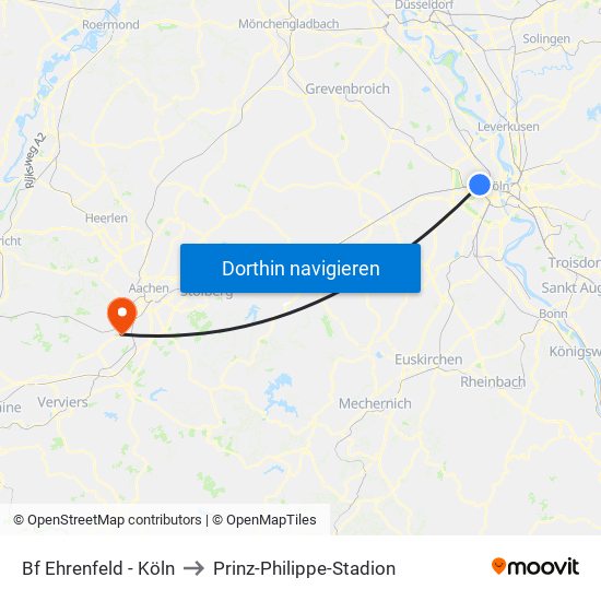 Bf Ehrenfeld - Köln to Prinz-Philippe-Stadion map