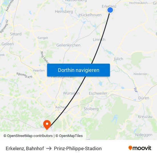 Erkelenz, Bahnhof to Prinz-Philippe-Stadion map