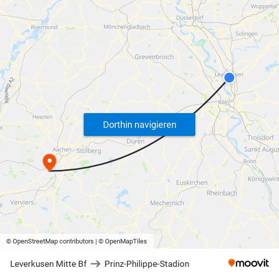 Leverkusen Mitte Bf to Prinz-Philippe-Stadion map