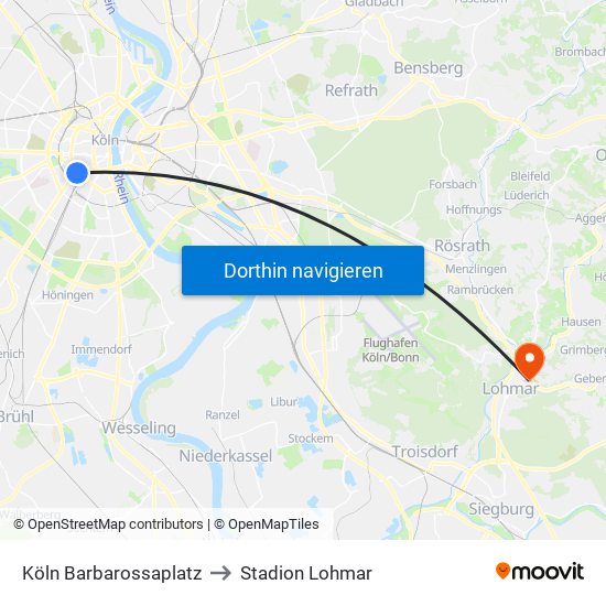 Köln Barbarossaplatz to Stadion Lohmar map