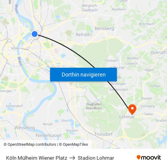 Köln Mülheim Wiener Platz to Stadion Lohmar map