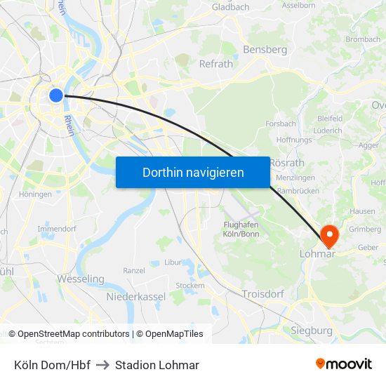 Köln Dom/Hbf to Stadion Lohmar map