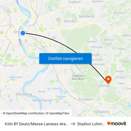 Köln Bf Deutz/Messe Lanxess Arena to Stadion Lohmar map