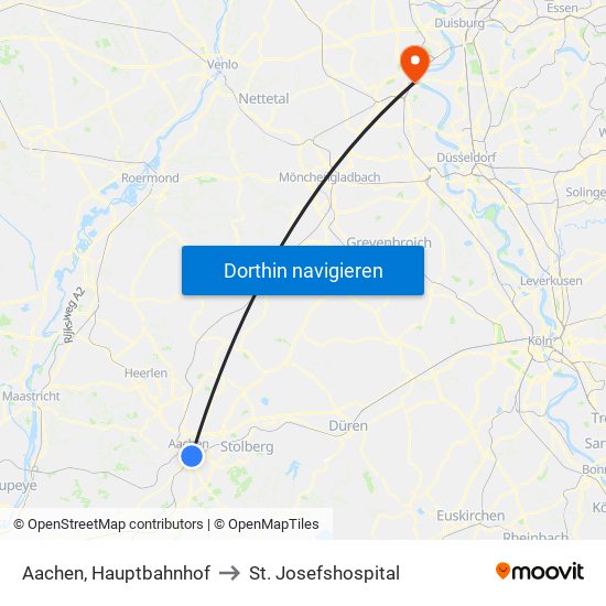 Aachen, Hauptbahnhof to St. Josefshospital map