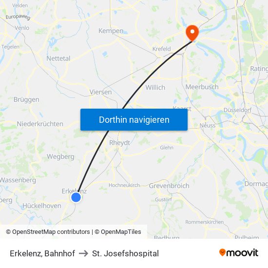 Erkelenz, Bahnhof to St. Josefshospital map