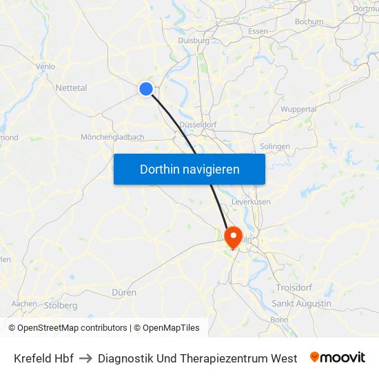 Krefeld Hbf to Diagnostik Und Therapiezentrum West map