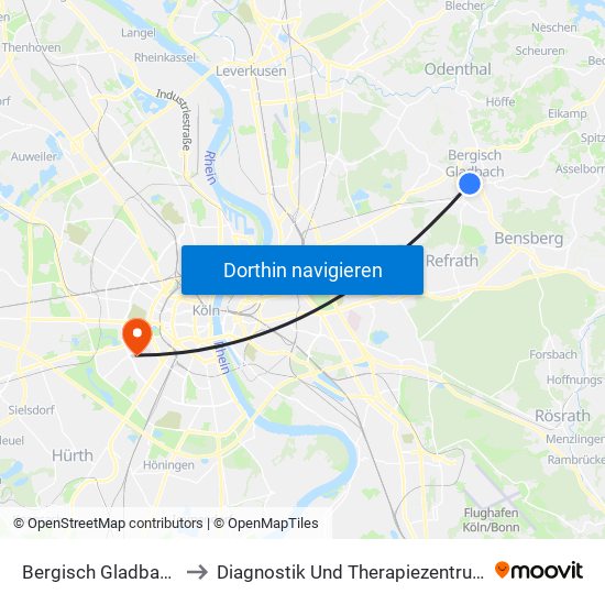 Bergisch Gladbach (S) to Diagnostik Und Therapiezentrum West map